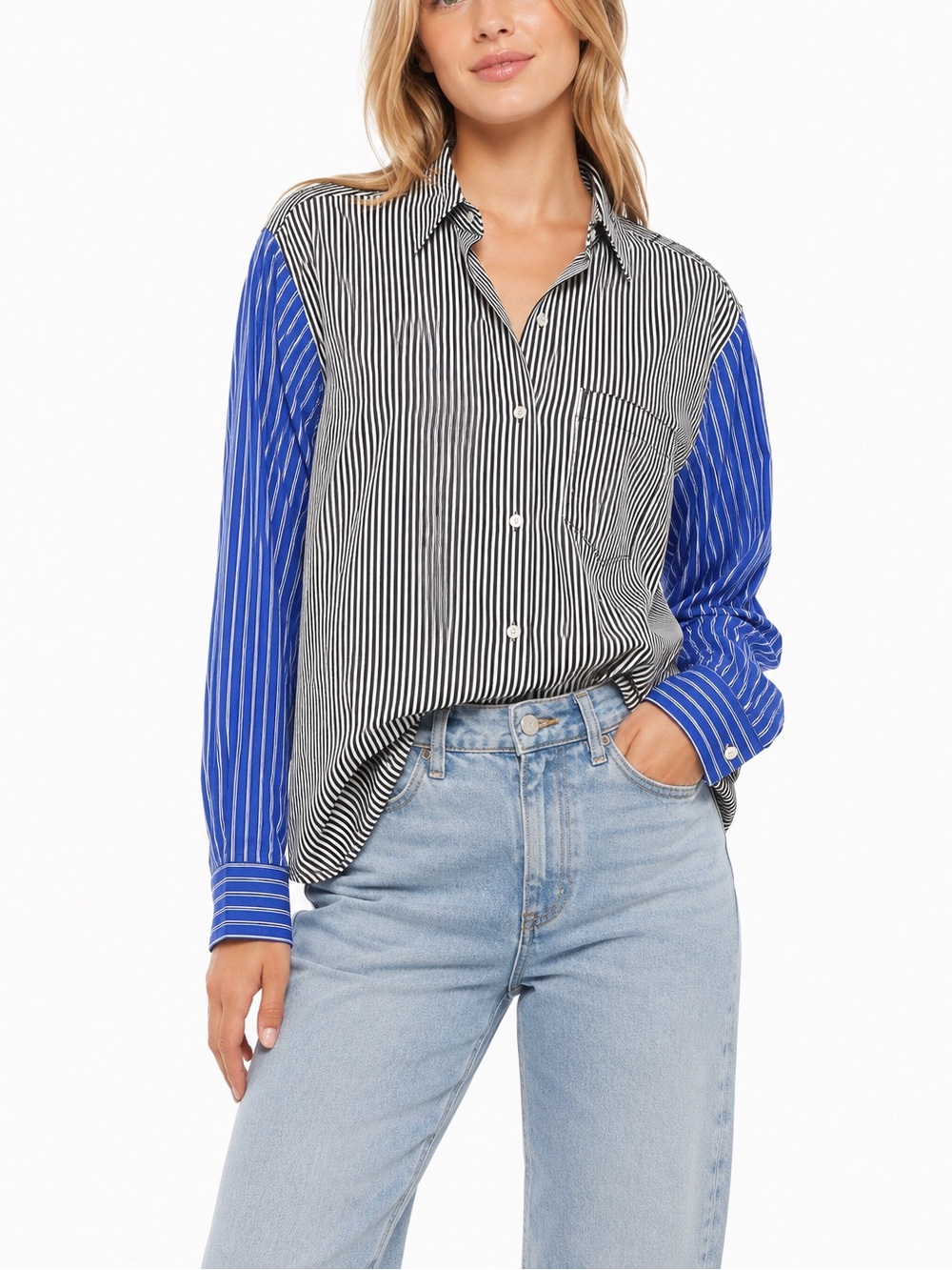 Vintage Havana Mixed Stripe Button Down Shirt L Blue Black White Color Block Ove